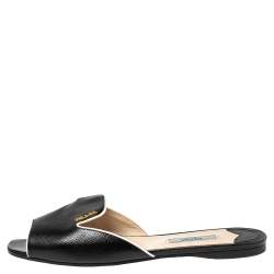 Pre Owned Prada Black Patent Leather Logo Embellished Flat Slides Size 37.5