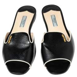 Pre Owned Prada Black Patent Leather Logo Embellished Flat Slides Size 37.5