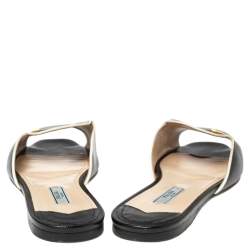 Pre Owned Prada Black Patent Leather Logo Embellished Flat Slides Size 37.5