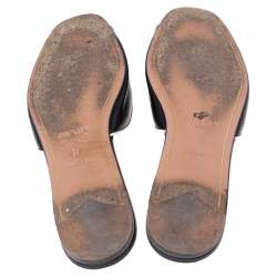 Pre Owned Prada Black Patent Leather Logo Embellished Flat Slides Size 37.5