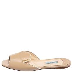 Pre Owned Prada Beige Patent Saffiano Leather Logo Embellished Flat Slide Sandals Size 39.5 