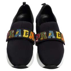 Pre Owned Prada Navy Blue Neoprene Multicolor Logo Strap Slip-On Sneakers Size 35