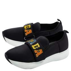 Pre Owned Prada Navy Blue Neoprene Multicolor Logo Strap Slip-On Sneakers Size 35