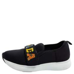 Pre Owned Prada Navy Blue Neoprene Multicolor Logo Strap Slip-On Sneakers Size 35