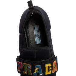 Pre Owned Prada Navy Blue Neoprene Multicolor Logo Strap Slip-On Sneakers Size 35