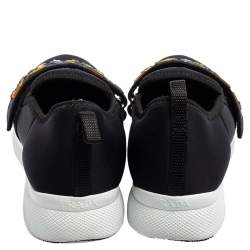 Pre Owned Prada Navy Blue Neoprene Multicolor Logo Strap Slip-On Sneakers Size 35