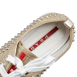 Pre Owned Prada Gold /White Glitter And Leather Stud Embellished Sneakers Size 37.5