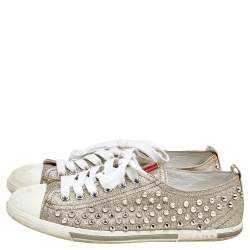 Pre Owned Prada Gold /White Glitter And Leather Stud Embellished Sneakers Size 37.5