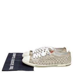 Pre Owned Prada Gold /White Glitter And Leather Stud Embellished Sneakers Size 37.5