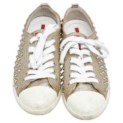 Pre Owned Prada Gold /White Glitter And Leather Stud Embellished Sneakers Size 37.5