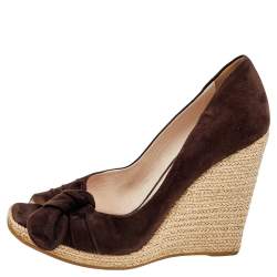 Pre Owned Prada Brown Suede Bow Wedge Espadrille Pumps Size 37.5
