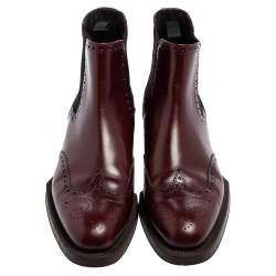 Pre Owned Prada Maroon Leather Brogue Ankle Boots Size 38.5