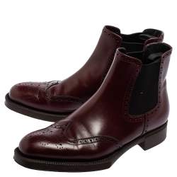 Pre Owned Prada Maroon Leather Brogue Ankle Boots Size 38.5