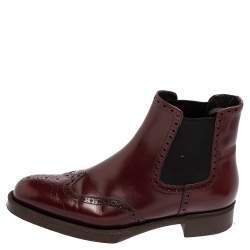 Pre Owned Prada Maroon Leather Brogue Ankle Boots Size 38.5