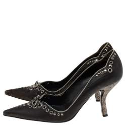 Pre Owned Prada Dark Brown Leather Bow Pointed Toe Pumps Size 37.5