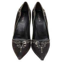Pre Owned Prada Dark Brown Leather Bow Pointed Toe Pumps Size 37.5