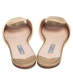 Pre Owned Prada Gold Patent Saffiano Leather Block Heel Slide Sandals Size 38.5