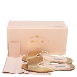 Pre Owned Prada Gold Patent Saffiano Leather Block Heel Slide Sandals Size 38.5