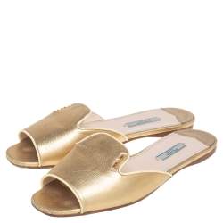Pre Owned Prada Gold Patent Saffiano Leather Block Heel Slide Sandals Size 38.5
