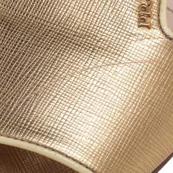 Pre Owned Prada Gold Patent Saffiano Leather Block Heel Slide Sandals Size 38.5