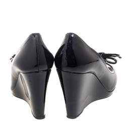 Prada Black Patent Leather Bow Peep-Toe Wedge Pumps Size 37.5 