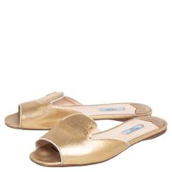 Pre Owned Prada Gold Saffiano Leather Flat Slides Size 40