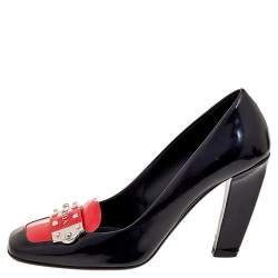 Prada Black/Coral Pink Patent Leather Block Heel Pumps Size 37.5