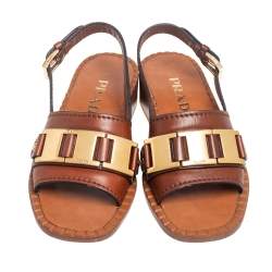 Pre Owned Prada Brown Leather Chain Front Slingback Sandals Size 36 