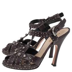 Pre Owned Prada Dark Brown Leather Studded Ankle Strap Sandals Size 39