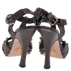 Pre Owned Prada Dark Brown Leather Studded Ankle Strap Sandals Size 39