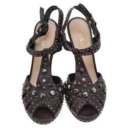 Pre Owned Prada Dark Brown Leather Studded Ankle Strap Sandals Size 39
