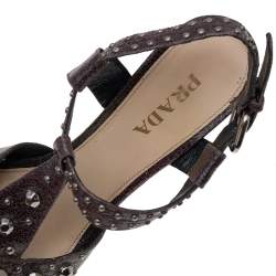 Pre Owned Prada Dark Brown Leather Studded Ankle Strap Sandals Size 39
