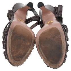 Pre Owned Prada Dark Brown Leather Studded Ankle Strap Sandals Size 39