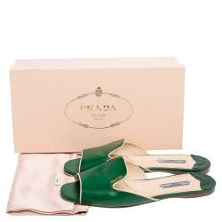 Pre Owned Prada Green Saffiano Patent Leather Flat Slides Size 39