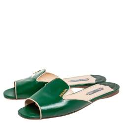 Pre Owned Prada Green Saffiano Patent Leather Flat Slides Size 39