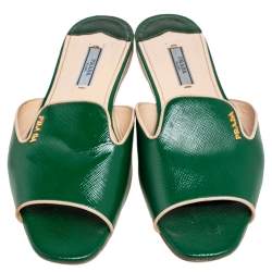 Pre Owned Prada Green Saffiano Patent Leather Flat Slides Size 39