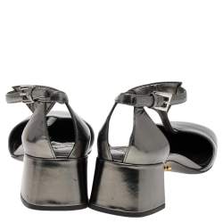 Prada Metallic Grey Patent Leather T Strap Block Heel Sandals Size 41