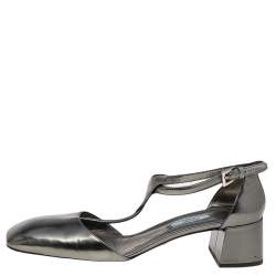 Prada Metallic Grey Patent Leather T Strap Block Heel Sandals Size 41