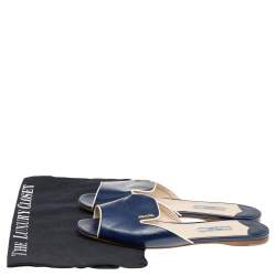 Pre Owned Prada Blue Patent Saffiano Leather Flat Slides Size 39