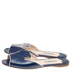 Pre Owned Prada Blue Patent Saffiano Leather Flat Slides Size 39