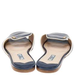 Pre Owned Prada Blue Patent Saffiano Leather Flat Slides Size 39