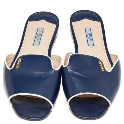 Pre Owned Prada Blue Patent Saffiano Leather Flat Slides Size 39