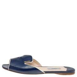 Pre Owned Prada Blue Patent Saffiano Leather Flat Slides Size 39