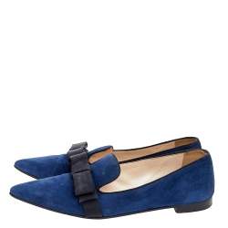 Prada Blue/Black Suede and Fabric Bow Smoking Slippers Size 37