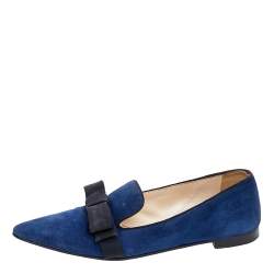 Prada Blue/Black Suede and Fabric Bow Smoking Slippers Size 37