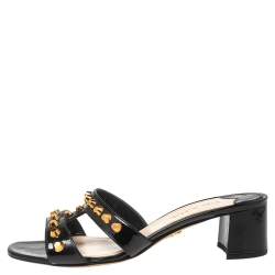 Pre Owned Prada Black Patent Leather Studded Slide Sandals Size 37