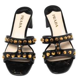 Pre Owned Prada Black Patent Leather Studded Slide Sandals Size 37
