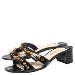 Pre Owned Prada Black Patent Leather Studded Slide Sandals Size 37