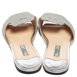 Pre Owned Prada Metallic Silver Glitter Flat Slides Size 38
