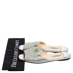 Pre Owned Prada Metallic Silver Glitter Flat Slides Size 38